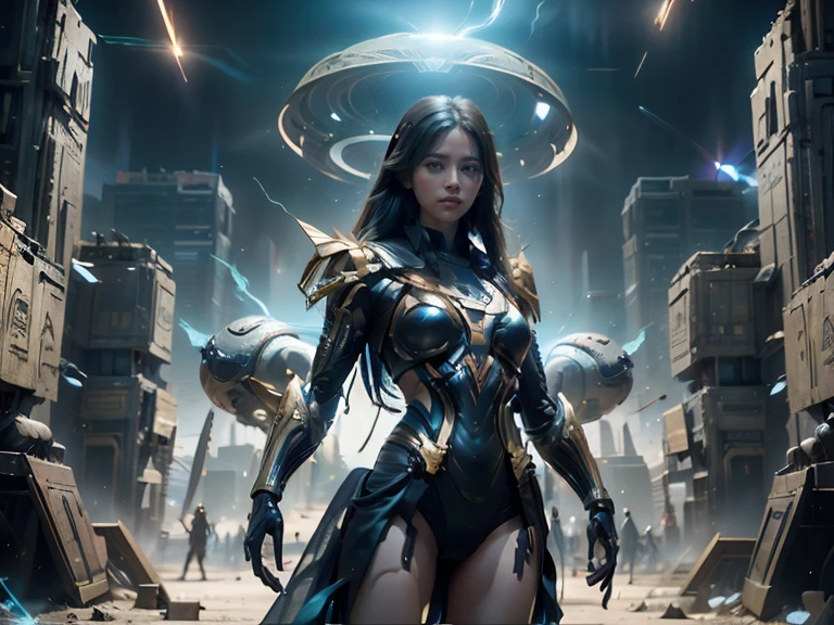 (RAW Photos, Highest quality), (Realistic, Realistic:1.3), 1 Girl、Realisticbody、Hieroglyphic Battle Costume、Meteor warrior flying from space、Fighting the reptilian aliens、Laser reflection diffusion、Small Shield、Planetary explosion、Robot Soldier