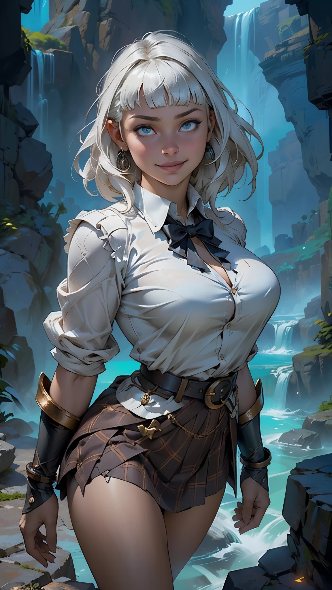 (La mejor calidad,A high resolution,Ultra - detallado,actual),Selena Gómez ,white hair, (straight hair), bangs on one side, head tilt, (waist), light brown cardigan, plaid skirt white , white bowtie, arms behind back, looking at viewer, happy smile, entrance, outdoor, from above, teenage, (depth of field), masterpiece, best quality,,(Fondo de ruinas de mazmorra en ruinas:1.4 ), (anatomía perfecta :1.4), (fondo pasillo de escuela secundaria :1.4), (Casilleros de escuela :1.4), (Selena Gómez :1.4), (iluminación cinematográfica :1.4), (skirt lifted by itself: 1.1), (skirt lift: 1.3), (showing white panties: 1.3), (mostrando panties white :1.4), (fondo cueva caverna piedras grandes pasillo :1.4), Epic Fantasy Art Style HD, 4K fantasy art, epic fantasy digital art style, epic fantasy art style, Fantasy Woman, epic fantasy art portrait, Epic fantasy style, hyperrealistic fantasy art, hd fantasy art, Epic fantasy character art, epic fantasy art, in style of dark fantasy art, epic fantasy digital art, (face detailed :1.4)