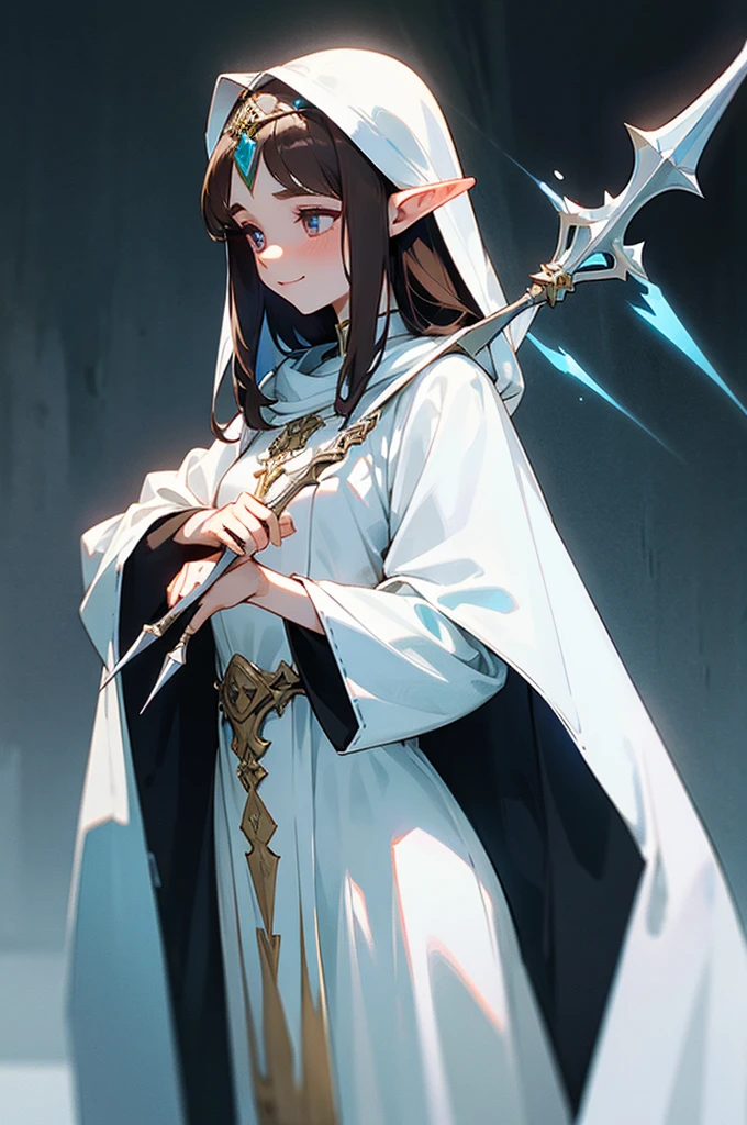 female, 5’3, Elven princess, medium long dark brown hair and eyes, small markings under her eyes, pointy ears, white skin, holding a beautiful silver trident. White cloak, a light aesthetic. Optimistic, kind, soft, attractive, has healing magic, smiling.