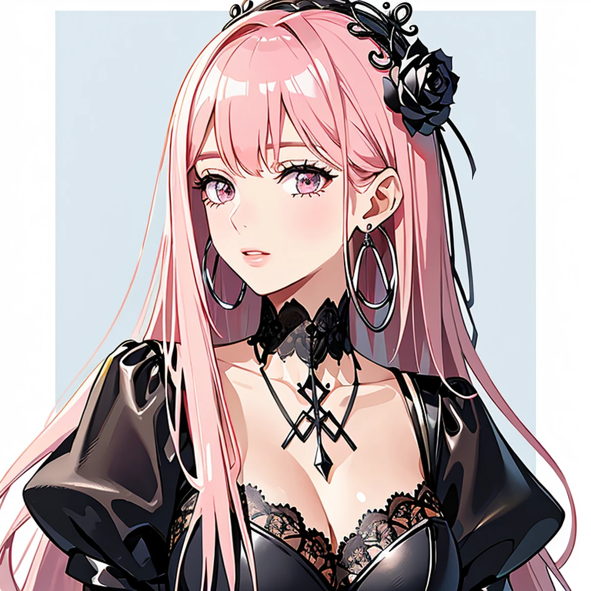 (masterpiece, high quality, best quality, 4k, 8k:1.4), 1girl, solo, pink hair, brown eyes, double-parted bangs, long hair, (mature female, mature:1.2), mole under eye, hoop earrings, gothic dark dress, detailed face, beautiful detailed eyes, beautiful detailed lips, extremely detailed face, long eyelashes, intricate details, soft lighting, soft color pallette, perfect anatomy