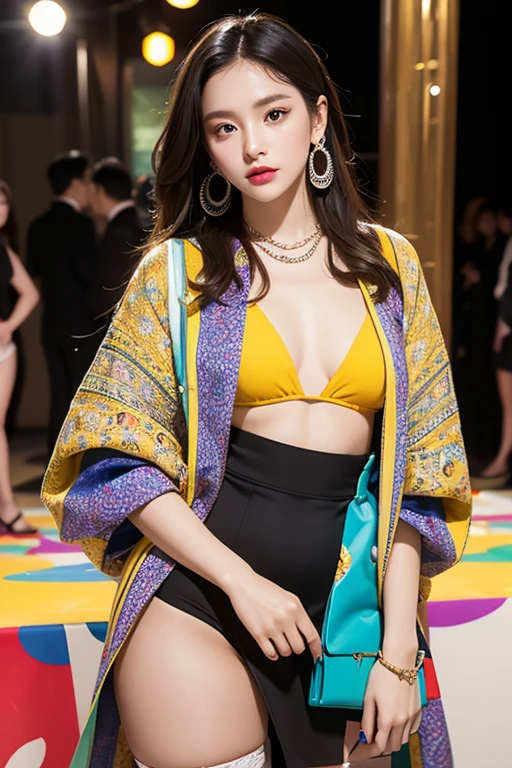 Overweight, best quality, masterpiece, Fashion with a piece of fabric that exposes almost the entire upper body, H-shaped skirt that reveals more than 10cm above the knees, High heels that are very flashy and have a heel of more than 7 cm., large, colorful necklace, large and colorful earrings, large and colorful bracelets, Stockings with colorful and unconventional colors and patterns, Underwear with flashy and unconventional colors, patterns and shapes