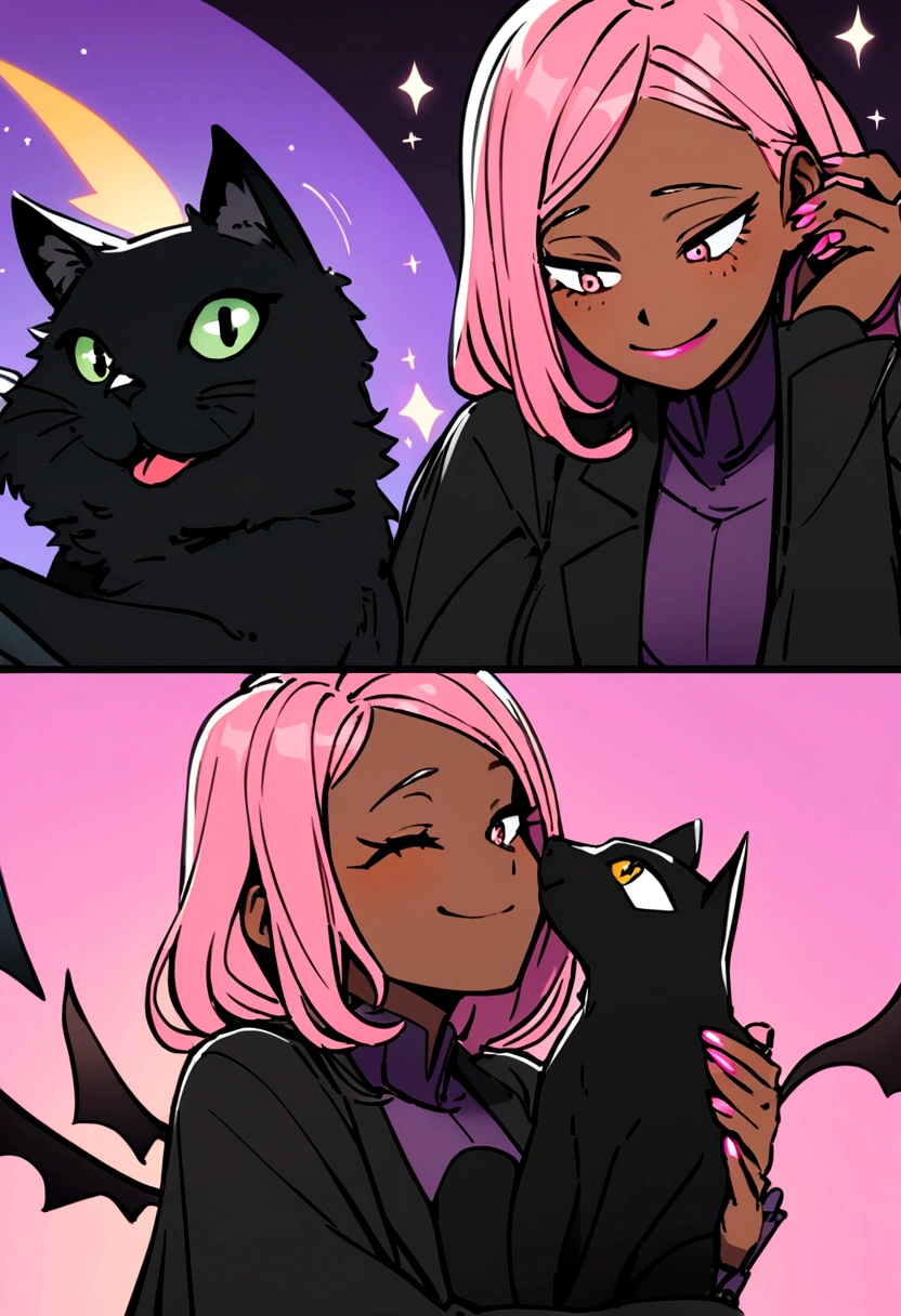 a girl with pink hair , with dark skin in the style of my hero academia as a villain. dark fairy with wings smiling while petting a black cat