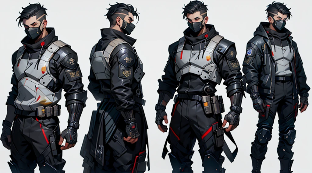 Character design sheet、male、Black combat uniform、Body Armor、Powered Suit、Full Face Mask、cyber punk