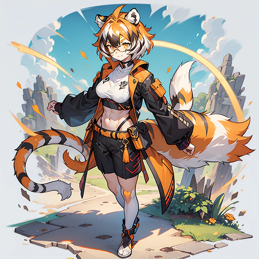 white background, full body, solo, Standing, heading up, proud , young girl, animal ears, arknights, white hair, black hair, round eyewear, glasses, OPPEIN, short hair, large breasts, muscle，tail, orange eyes, orange hair, multicolored hair, tiger girl, furry female, hair between eyes, tiger_ears, tiger_tail, waai_fu, orange-tinted_eyewear, tinted_eyewear, Sophorae, ワイフー, waai_fu_arknights, tattoo, petite, neck tattoo, big breasts, stomach tattoo, bra, panties, evil smile, Shadows under feet，text，