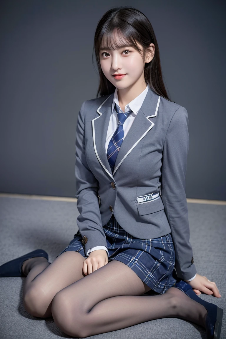 (8K), (highest quality: 1.2), (realistic), (realistic: 1.37), ultra high resolution, (1 girl), cute, smile, closed mouth, beautiful details, beautiful nose, wet hair, giant dulcefo, pork, thighs,self snap,High school Student Uniform,(A simple navy blue blazer),pleated skirt,(The skirt and tie are gray tartan check pattern....:1.3),(sitting:1), sit on the ground,(hug your feet:1),white pantyhose,from the front,knees、ローファー、ローアングル、チェック柄プリーツスカート
