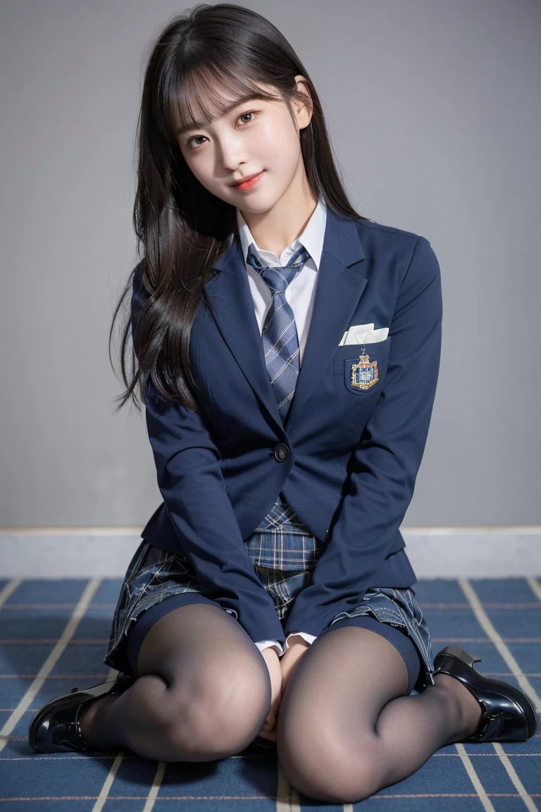 (8K), (highest quality: 1.2), (realistic), (realistic: 1.37), ultra high resolution, (1 girl), cute, smile, closed mouth, beautiful details, beautiful nose, wet hair, giant dulcefo, pork, thighs,self snap,High school Student Uniform,(A simple navy blue blazer),pleated skirt,(The skirt and tie are gray tartan check pattern....:1.3),(sitting:1), sit on the ground,(hug your feet:1),white pantyhose,from the front,knees、ローファー、ローアングル、チェック柄プリーツスカート