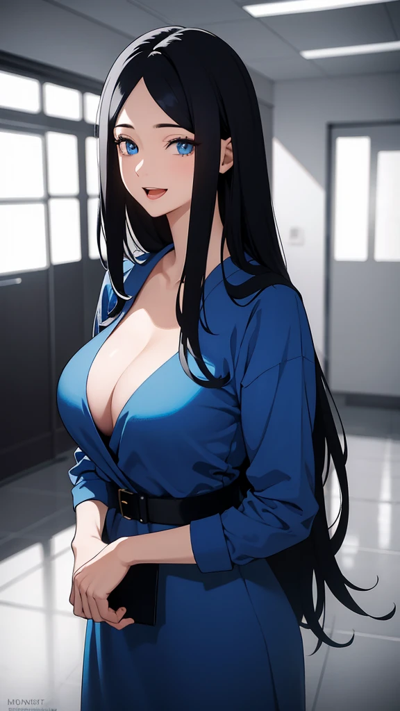 (masterpiece), (best quality), (ultra-detailed), ((girl, 29 years old)), an extremely delicate and beautiful, detailed eyes, minute details, (black hair, long hair, straight hair, hair between eyes), ((big breasts)), smile, open mouth, ((beautiful eyes)), (blue eyes), (upper body), she is wearing a blue dress, (detailed clothes), (detailed background, in a hospital, hospital hallway), (monochrome)