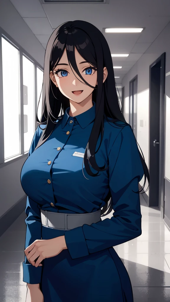 (masterpiece), (best quality), (ultra-detailed), ((girl, 29 years old)), an extremely delicate and beautiful, detailed eyes, minute details, (black hair, long hair, straight hair, hair between eyes), ((big breasts)), smile, open mouth, ((beautiful eyes)), (blue eyes), (upper body), she is wearing a blue dress, (detailed clothes), (detailed background, in a hospital, hospital hallway), (monochrome)