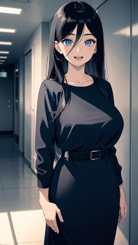 (masterpiece), (best quality), (ultra-detailed), ((girl, 29 years old)), an extremely delicate and beautiful, detailed eyes, minute details, (black hair, long hair, straight hair, hair between eyes), ((big breasts)), smile, open mouth, ((beautiful eyes)), (blue eyes), (upper body), she is wearing a blue dress, (detailed clothes), (detailed background, in a hospital, hospital hallway), (monochrome)