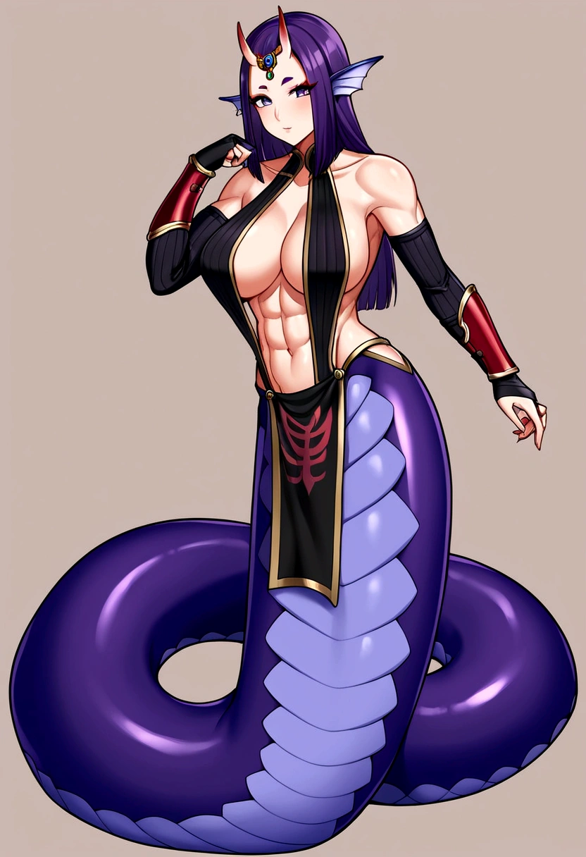 Shuten lamia, parted bangs, purple eyes, purple hair, long hair, hime cut, forehead, sexy curvy body, arm guards, armor, black gloves, bodysuit, fingerless gloves, gloves, japanese armor, kote, loincloth, purple bodysuit, ribbed sleeves, tabard, toned, long lamia body with detailed fish scales, fish fin ears, big breasts, full body.