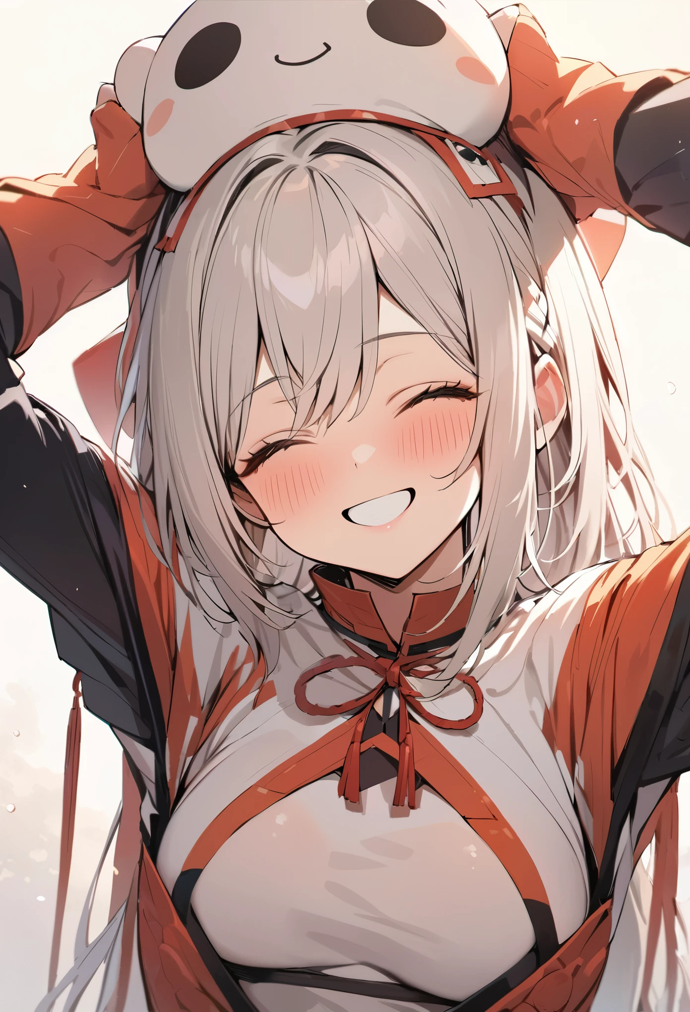 1girl, ultra high res,smile, open mouth, large chest, cleavage, perspective is from above girl's face, girl looking up a viewer , hand reaching to viewer