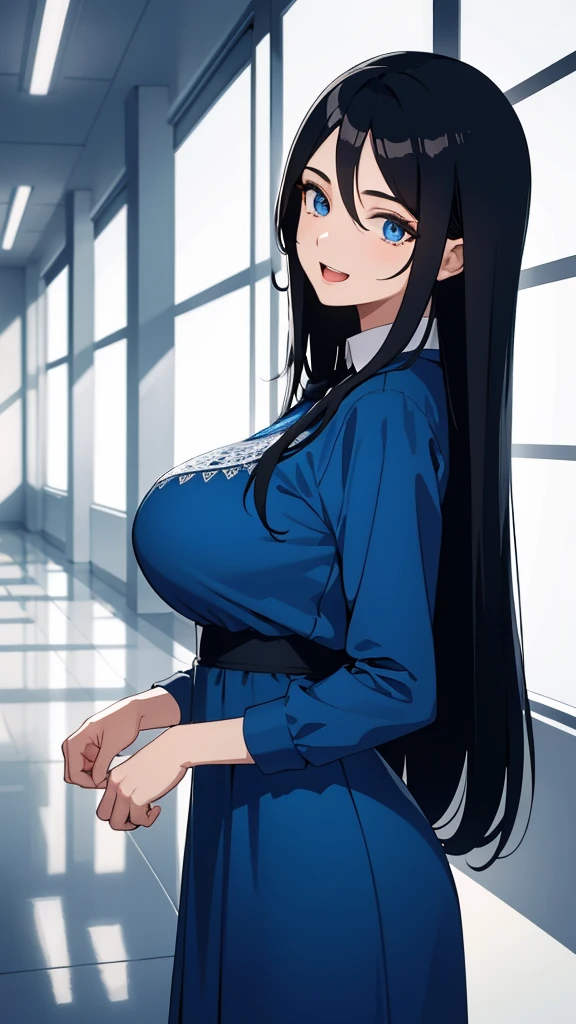 (masterpiece), (best quality), (ultra-detailed), ((girl, 29 years old)), an extremely delicate and beautiful, detailed eyes, minute details, (black hair, long hair, straight hair, hair between eyes), ((big breasts)), smile, open mouth, ((beautiful eyes)), (blue eyes), (upper body), she is wearing a blue dress, (detailed clothes), (detailed background, in a hospital, hospital hallway), (monochrome)