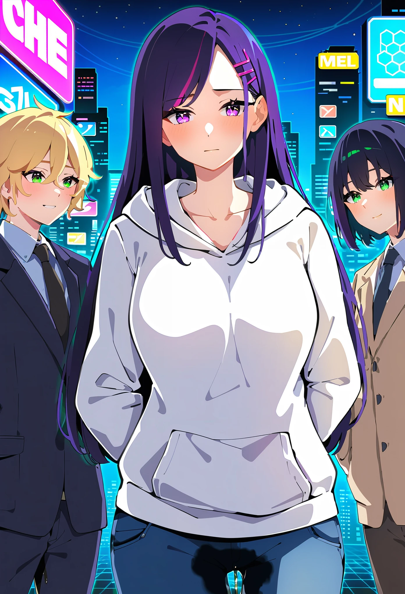(masterpiece:1.37), best quality, (extremely detailed:1.37), woman, mature, adult, large breasts, very long hair, (straight hair:1.5), dark purple hair, purple eyes, (extremely detailed eyes:1.37), hoodie, jeans, desperation, (wetting: self 3.0), standing, city, futuristic, neon lighting, high-tech, street