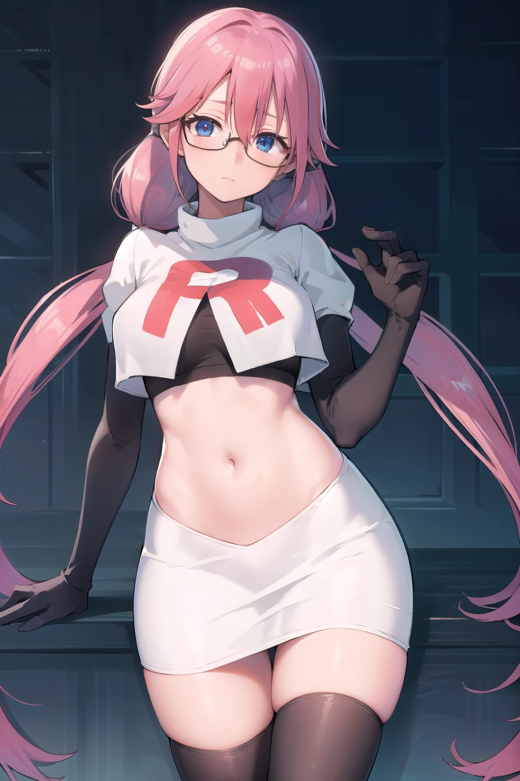 airisakura, airi sakura, blue eyes, glasses, long hair, pink hair, (low twintails:1.5),
BREAK glasses, team rocket,team rocket uniform,white skirt,red letter R,crop top,black thigh-highs,black elbow gloves,
BREAK looking at viewer,
BREAK (masterpiece:1.2), best quality, high resolution, unity 8k wallpaper, (illustration:0.8), (beautiful detailed eyes:1.6), extremely detailed face, perfect lighting, extremely detailed CG, (perfect hands, perfect anatomy),
