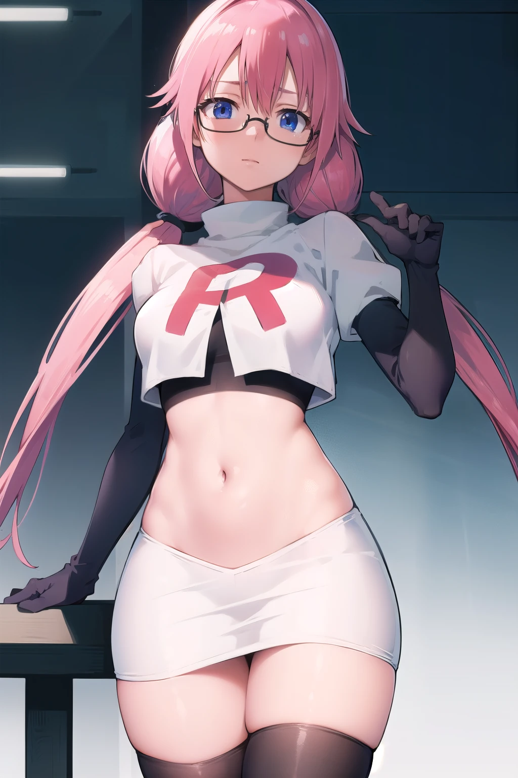 airisakura, airi sakura, blue eyes, glasses, long hair, pink hair, (low twintails:1.5),
BREAK glasses, team rocket,team rocket uniform,white skirt,red letter R,crop top,black thigh-highs,black elbow gloves,
BREAK looking at viewer, 
BREAK (masterpiece:1.2), best quality, high resolution, unity 8k wallpaper, (illustration:0.8), (beautiful detailed eyes:1.6), extremely detailed face, perfect lighting, extremely detailed CG, (perfect hands, perfect anatomy),