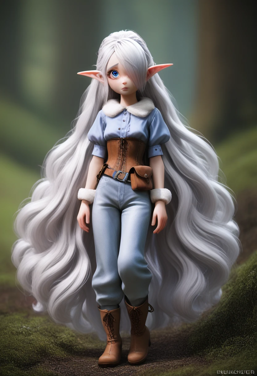 A girl with pale skin, short stature, very long wavy silver hair covering one eye, small breasts, pouty lips, and bright blue anime-style eyes with long lashes, wearing a corset, white puffy long sleeved shirt, and puffy cloth pants, leather bound boots, set in a windy fantasy landscape, (best quality,4k,8k,highres,masterpiece:1.2),ultra-detailed, dungeons and dragons, long elf ears, small girl, detailed skin and cloth textures, cute detailed face, intricate details, extremely detailed, 1girl, dynamic pose with hair covering one eye, shy personality, puffy cloth pants with leather belt, detailed privateer outfit, detailed buccaneer outfit, pouch on belt, wearing ornate leather armor with fur trim, silver inlay detail, wearing fur trimmed boots, wearing fur trimmed gloves, short, short height, halfing girl, small girl, very long detailed flowing hair, big head, big round eyes, windy, wind blown hair