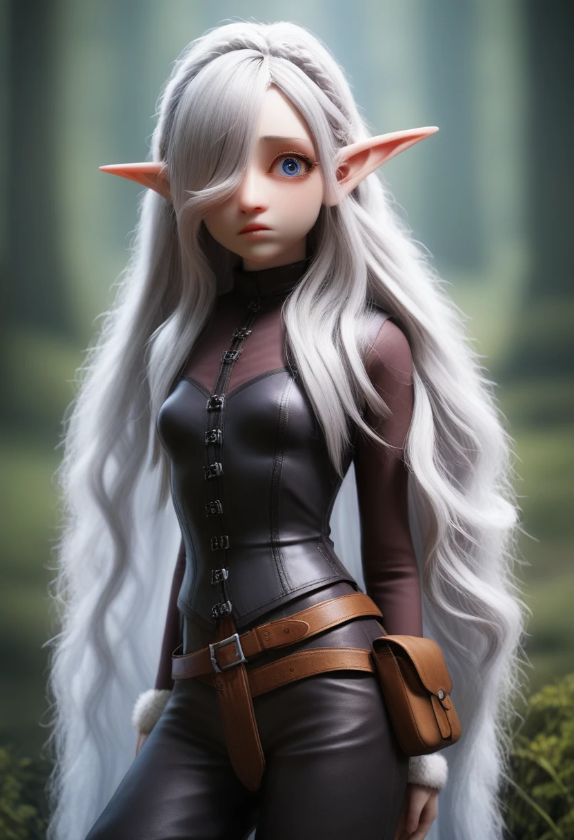 A girl with pale skin, short stature, very long wavy silver hair covering one eye, small breasts, pouty lips, and bright blue anime-style eyes with long lashes, wearing a corset, white puffy long sleeved shirt, and puffy cloth pants, leather bound boots, set in a windy fantasy landscape, (best quality,4k,8k,highres,masterpiece:1.2),ultra-detailed, dungeons and dragons, long elf ears, small girl, detailed skin and cloth textures, cute detailed face, intricate details, extremely detailed, 1girl, dynamic pose with hair covering one eye, shy personality, puffy cloth pants with leather belt, detailed privateer outfit, detailed buccaneer outfit, pouch on belt, wearing ornate leather armor with fur trim, silver inlay detail, wearing fur trimmed boots, wearing fur trimmed gloves, short, short height, halfing girl, small girl, very long detailed flowing hair, big head, big round eyes, windy, wind blown hair