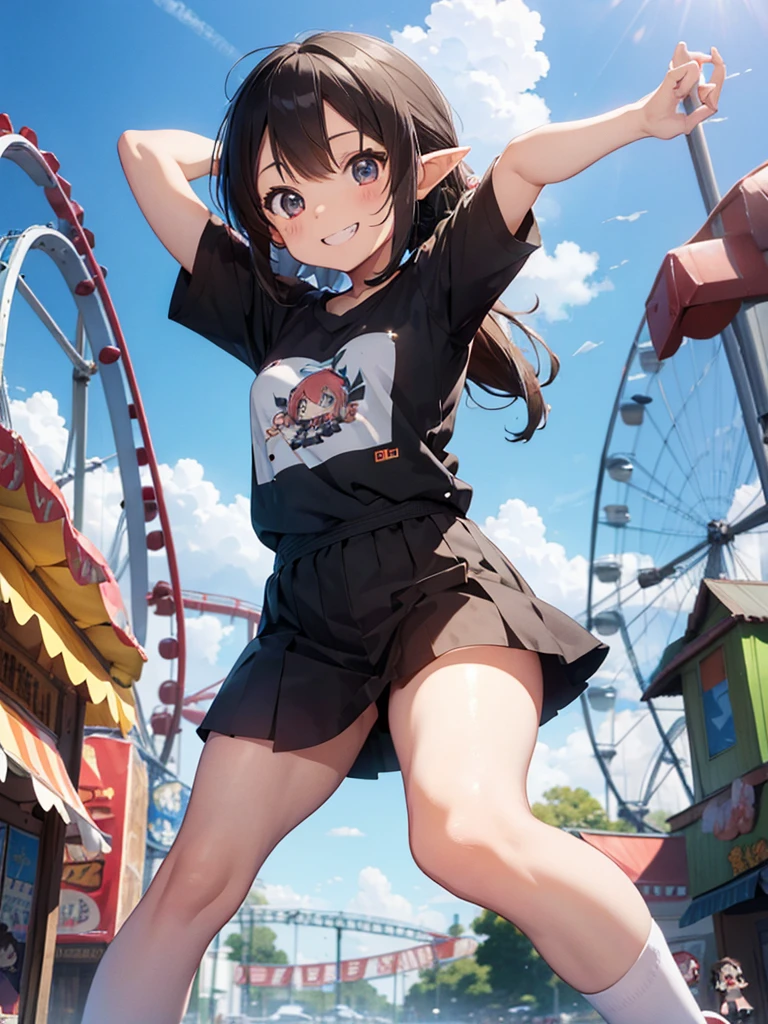 amusement park, whole body、(chibi-style), an little cute elf girl, over large size t-shirts, smile