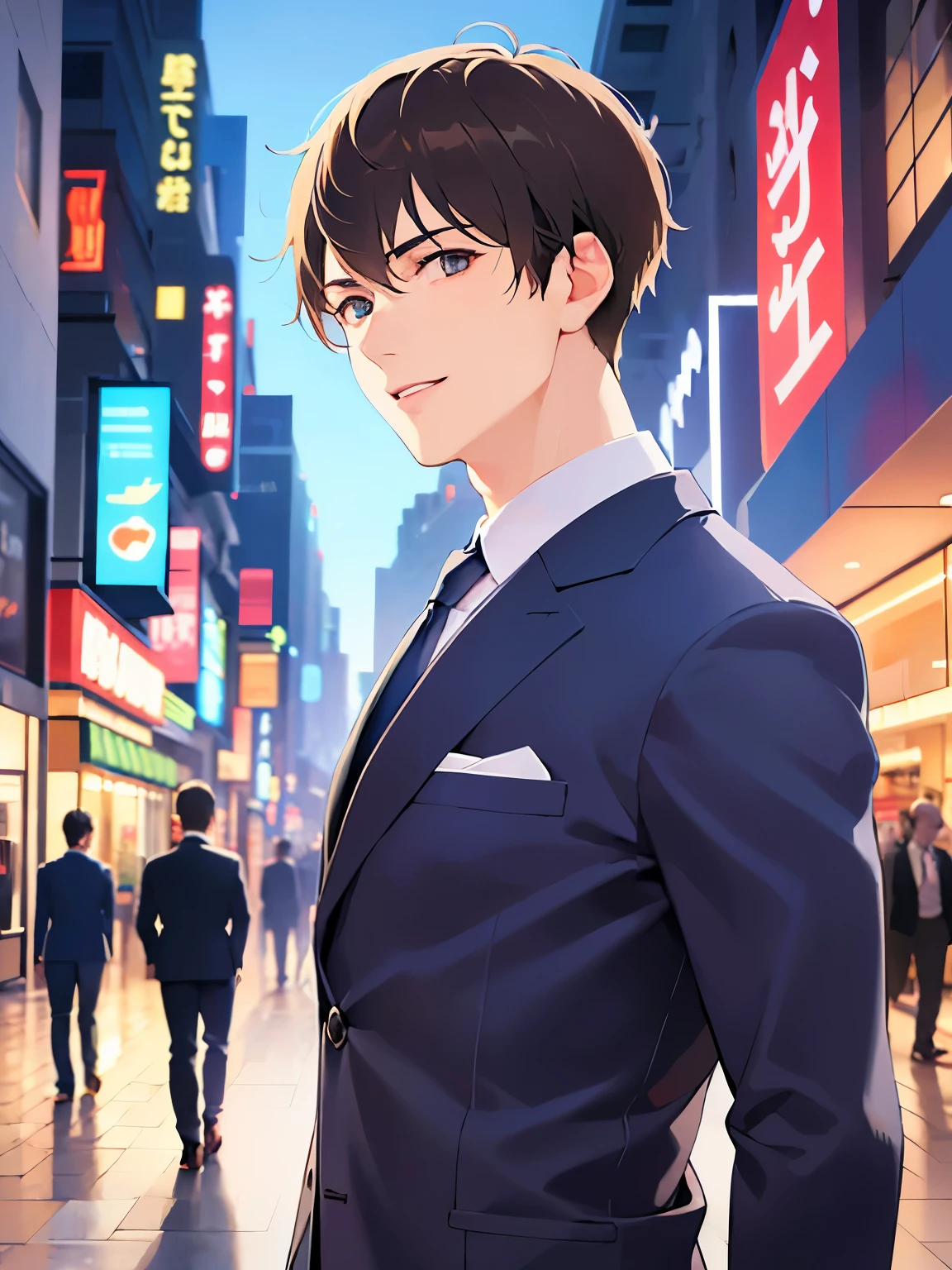 upper body、shiny skin、look back, masterpiece、Highest quality、(25-year-old male:1.5) and (Brown short hair) and (Green Eyes), (Wearing a suit:1.3) and (Blue tie)、Are standing、smile、open mouth, The background is a shopping street at night、(Alone:1.5)、