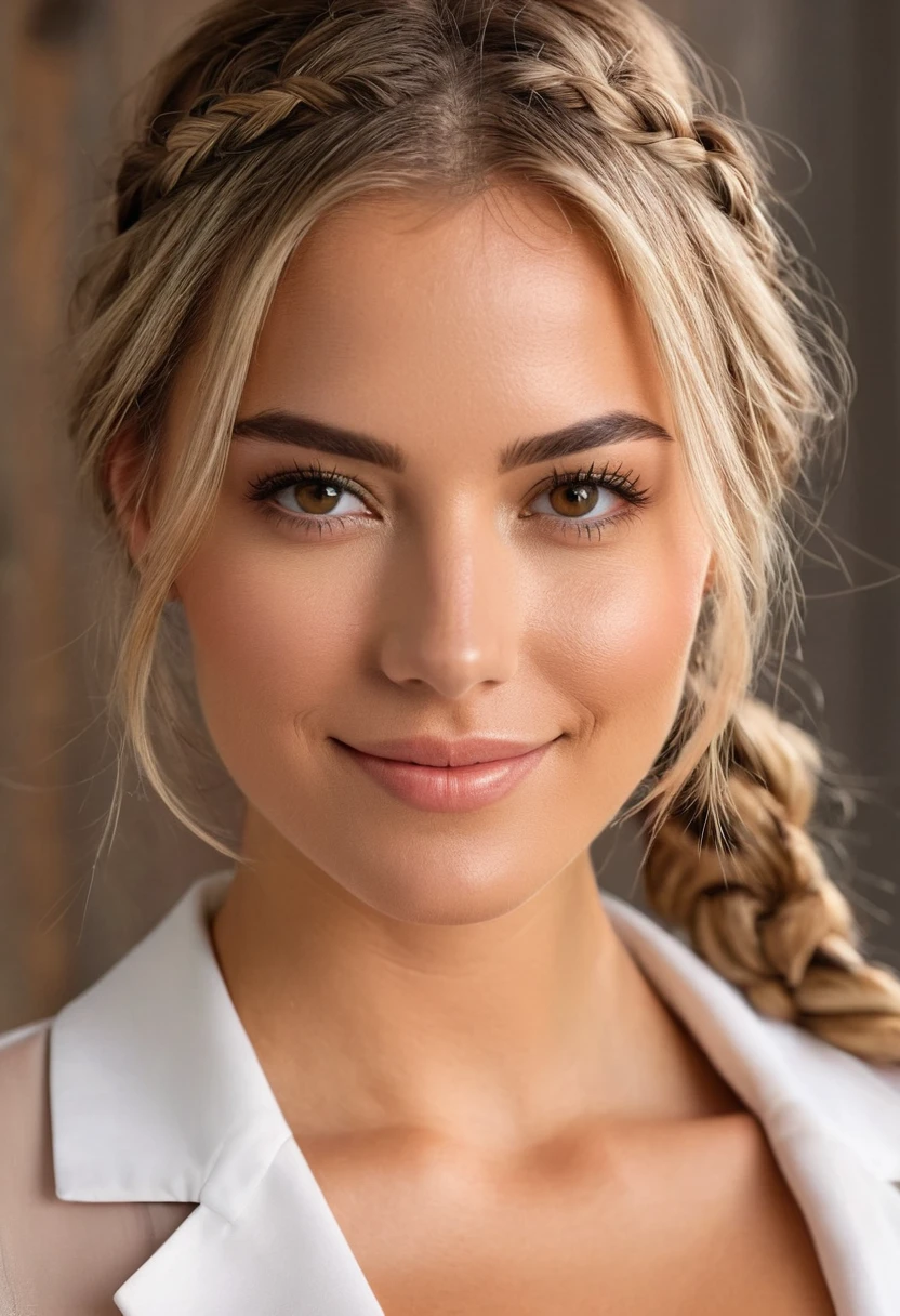 full picture, work of art, best qualityer, CRU photo, Photorealistic, beautiful girl, cute, narrowed eyes, Hairstyle arrangement, Depth of field, Very high resolution, (Realistic and Photorealisitic: 1.37), Foto colorida RAW de high resolution, Fine, Very Detail, Very Detailed Eyes and Face, Alunos afiados Flores realisitics americanas de Nova York, colorful and colorful flower garden background, best qualityer, realisitic, Ultrathin, dainty, high resolution, 8 8 k wallpaper, A beautiful woman, blonde hair with braids, Large visible cleavage, wearing a flattering, sheer dress shirt with an open collar, sharp focus, Perfect dynamic composition, dainty and beautiful eyes, thinning hair, fine and realisitic skin texture, fine-details, model body shape thinning hair, fine and realisitic skin texture, smiling, dynamic angle, full body shot shot, chic, model body shape, maximum quality, realisitic, super verbose, fine-details, high resolution, 8 k wallpaper, A beautiful woman,,, messy light brown hair, wearing business suit, sharp focus, Perfect dynamic composition, beautiful and detailed eyes, thinning hair, Fine And Realistic Skin Texture, smiling, retrato em close, model body shape, neckleace, Poetic shot, Brightness and shadows, aestheticism, melancholic film