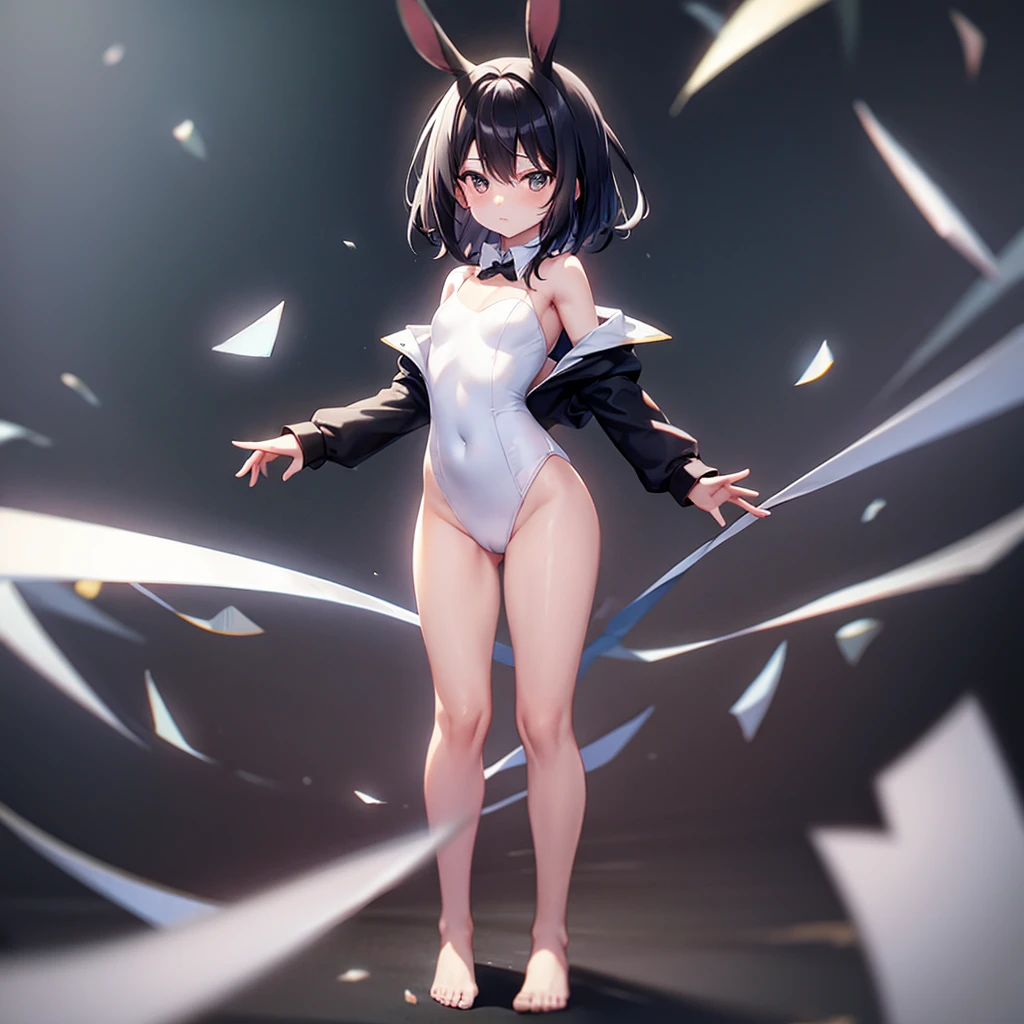 (Bunny girl),(tights),(barefoot),Naked,Cute little ,Tiny ,Small girl,,Childish face, Very fine clean face,Top quality,Black Hair,(Dark Room), Subtle light, Natural light,Soft lighting,Light from directly behind, (Are standing),With bust up,Front view,Black background