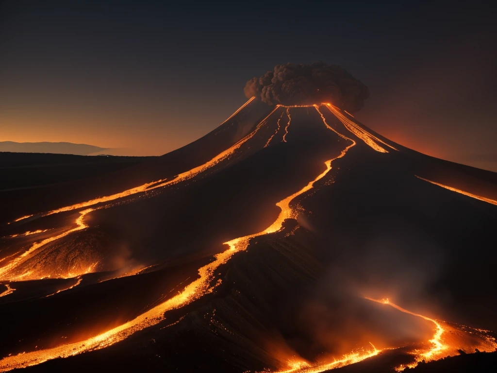 A dramatically erupting volcano spews molten lava and ash into the night sky. Fiery lava flows down the sides of the dark, mountainous landscape, illuminating the scene with vivid reds and oranges. Dense clouds of dark smoke billow from the volcano's summit, contrasting sharply with the glowing lava.Realistic, Ultra Realist, 3D Render, Photorealistic, Futuristic Realistic, High Quality, 8K , 16K