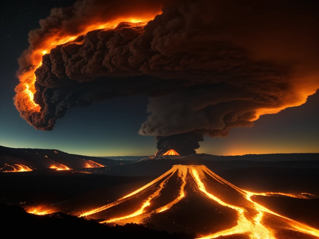 A dramatically erupting volcano spews molten lava and ash into the night sky. Fiery lava flows down the sides of the dark, mountainous landscape, illuminating the scene with vivid reds and oranges. Dense clouds of dark smoke billow from the volcano's summit, contrasting sharply with the glowing lava.Realistic, Ultra Realist, 3D Render, Photorealistic, Futuristic Realistic, High Quality, 8K , 16K
