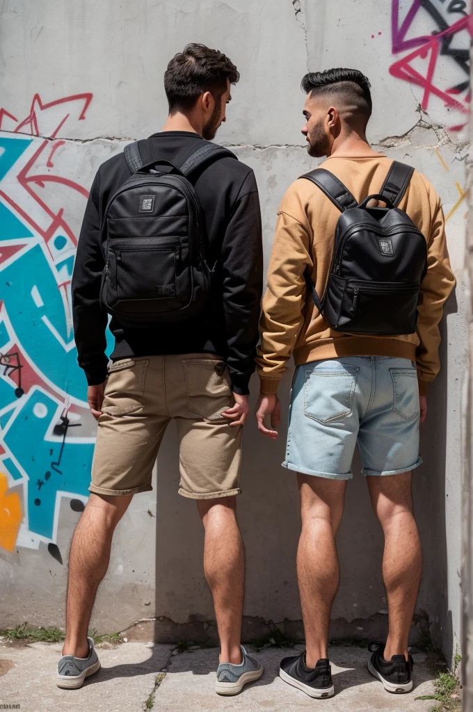 (Foto RAW de whole body), (two men with their backs turned) with the (naked ass) (hairy ass) (naked only the ass) (Destroyed dirty bathroom) against one (concrete wall with graffiti). They both carry (backpacks) and (Casual clothes). The man on the left wears a (brown sweatshirt) and se baja los pantalones mostrando su culo). The man on the right is wearing a (colorful jacket) and (black shorts). The wall shows a (detailed graffiti) (Cracked cement floor), (vegetation on the edge of the wall), (8k hd), (DSLR), (natural lighting), (high quality), (film grain), (Fujifilm XT3), (whole body), (back view).