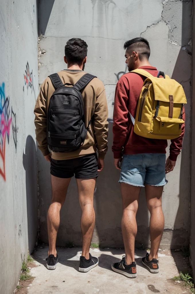(Foto RAW de whole body), (two men with their backs turned) with the (naked ass) (hairy ass) (naked only the ass) (Destroyed dirty bathroom) against one (concrete wall with graffiti). They both carry (backpacks) and (Casual clothes). The man on the left wears a (brown sweatshirt) and se baja los pantalones mostrando su culo). The man on the right is wearing a (colorful jacket) and (black shorts). The wall shows a (detailed graffiti) (Cracked cement floor), (vegetation on the edge of the wall), (8k hd), (DSLR), (natural lighting), (high quality), (film grain), (Fujifilm XT3), (whole body), (back view).