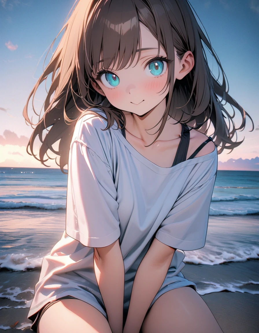 (8K, best quality, master piece: 1.2), super high resolution,1 cute girl,solo,,ultra-detailed face,detailed eyes,aqua eyes,:>,brown hair,Straight hair,Long hair,perfect hands, perfect fingers,v arms,hand between legs,hot pants,nape collarbone black bra strap,(loose clothes white t-shirt:1.1),Professional lighting,blue sky,Sea side,crabs on the beach,clear water
