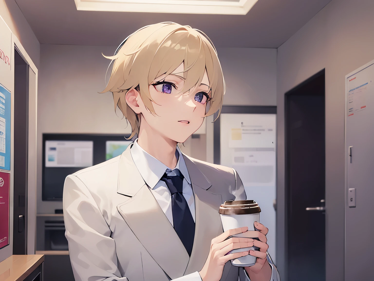 (looking away:1.5)、(28-year-old male:1.5)、Blonde short hair、Purple eyes、(open mouth)、Wearing a suit、(Holding a Coffee cup in your hand:1.5)、(Biologically correct5Finger)、The background is the break room