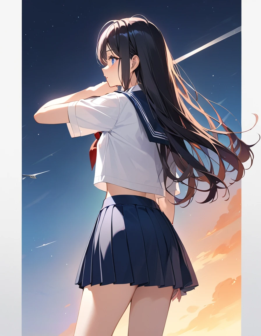 (best quality,4k,high resolution:1.2), Super detailed, lifelike, Celebrity black-haired girl, long, straight hair, cool girl, sharp vision, fierce look, Correct posture for battle scenes, 跳Kick, 酷炫的Kick腿动作,,Kick， intricate details, Realistic portrayal, Delicate skin texture down to the smallest detail, classroom background, High school student, Uniforms, navy blue skirt, summer clothing, short sleeves.