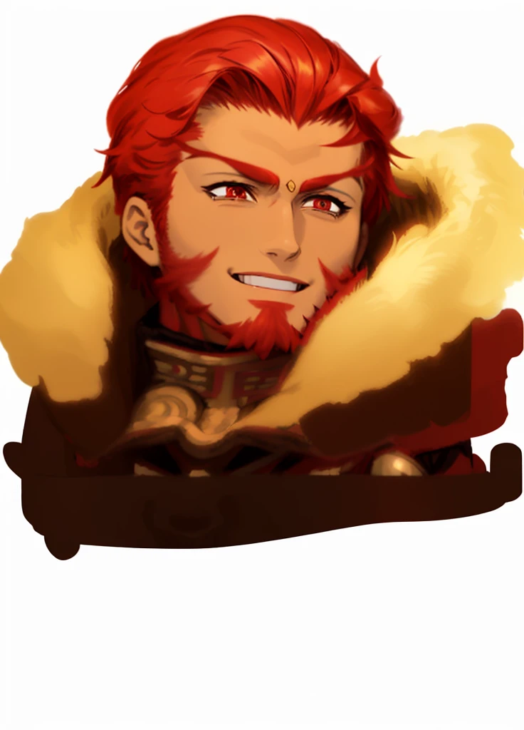 1boy, red eyes,red hair, gladiator, red cape, golden coat, nice clothes, (high resolution, high detail, best quality),
black background, iskandar, macedonian, muscular man, cheerful, smiling, tanned skin