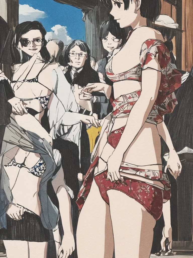 woman,Commemorative photo with shirt lifted to show bra,Mr.々Underwear in different colors and shapes,Detailed underwear,成熟したwoman,Detailed embroidery,(Lacey:1.0),