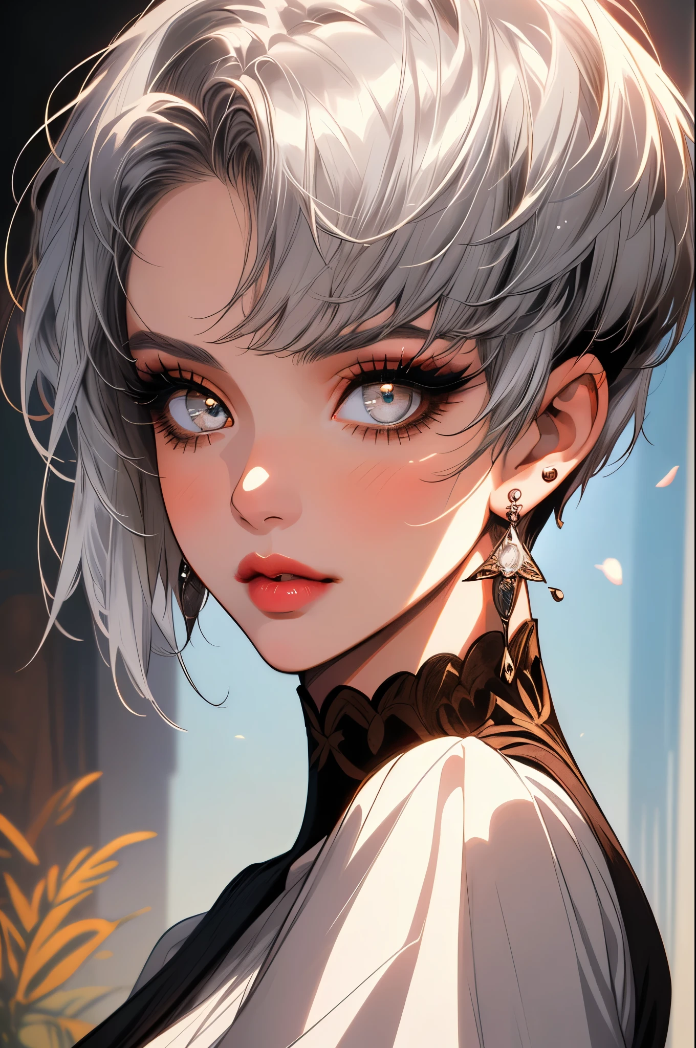 (best quality, masterpiece), 1girl, beautiful girl, brown_eyes, ((hair color [Silver hair], [pixie cut with bangs] hair)), earrings, lips, short sleeves,realistic, narrow waist, charming, colorful makeup, long eyelashes, fair skin, (cute), (detailed face), detailed eyes, detailed iris, 
