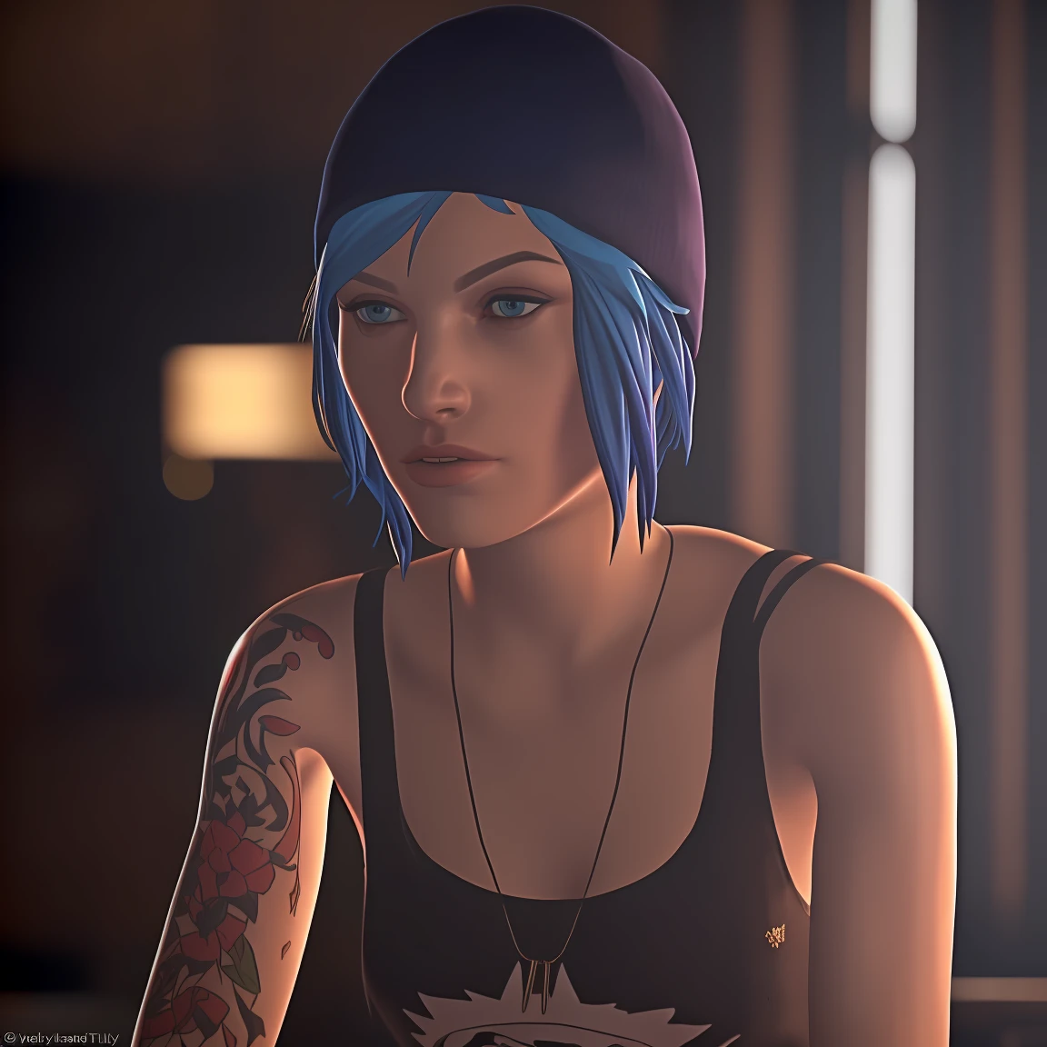 Best_QualityPos, RAW photo, intricate details, best quality, 8k uhd, soft lighting, 1girl, solo, chloe price, blue hair, blue eyes, arm tattoo, short hair, hat, white tank top 