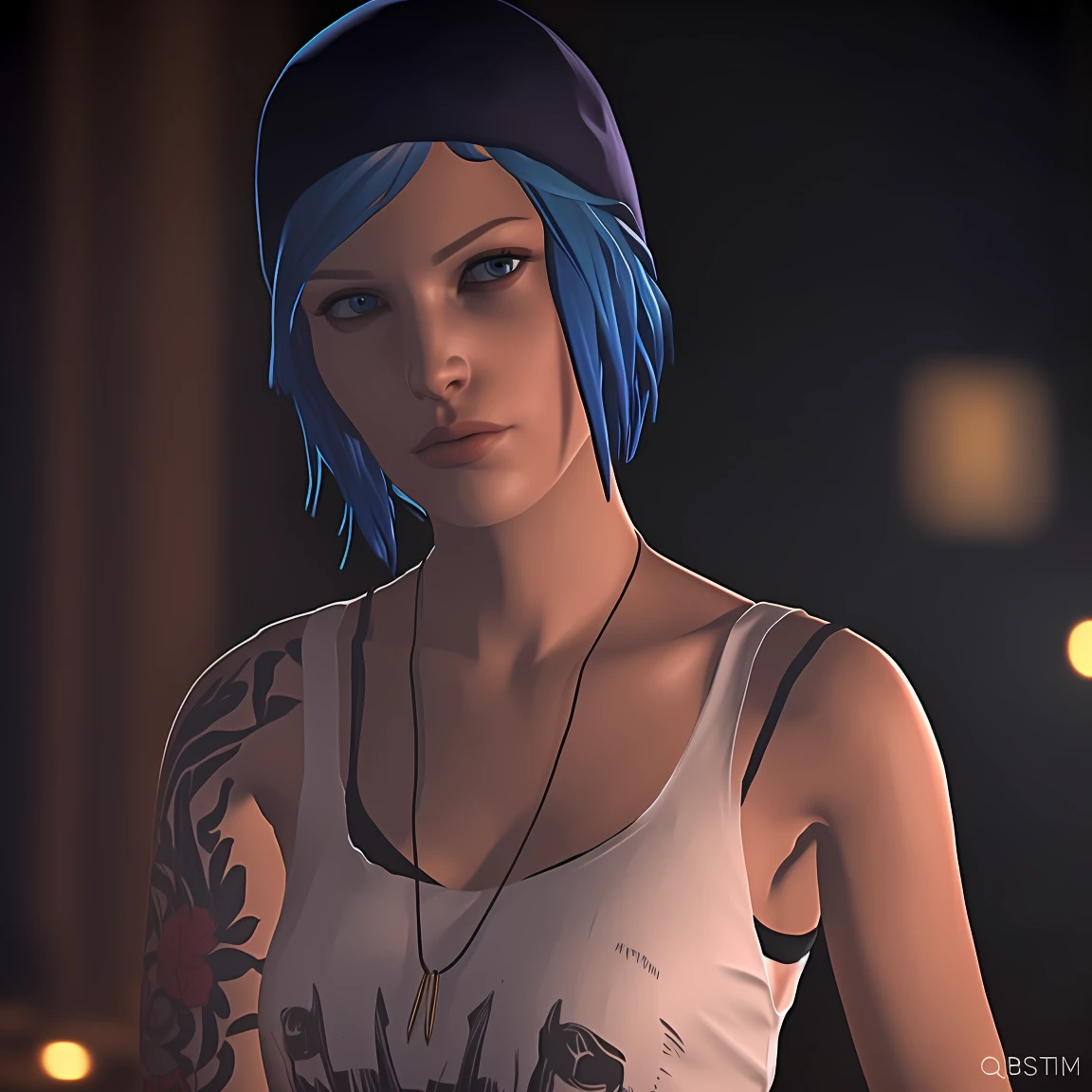 Best_QualityPos, RAW photo, intricate details, best quality, 8k uhd, soft lighting, 1girl, solo, chloe price, blue hair, blue eyes, arm tattoo, short hair, hat, white tank top 