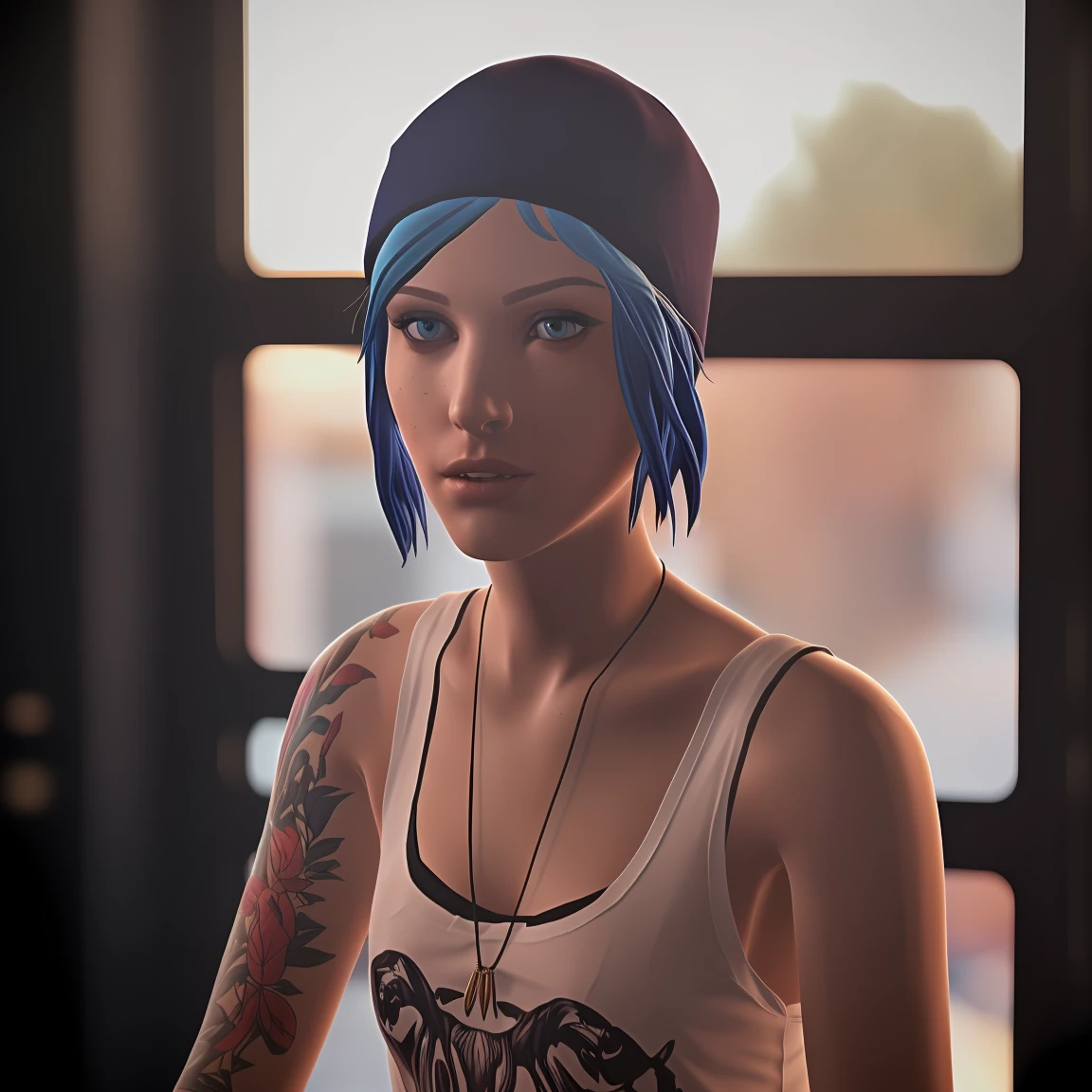 Best_QualityPos, RAW photo, intricate details, best quality, 8k uhd, soft lighting, 1girl, solo, chloe price, blue hair, blue eyes, arm tattoo, short hair, hat, white tank top 