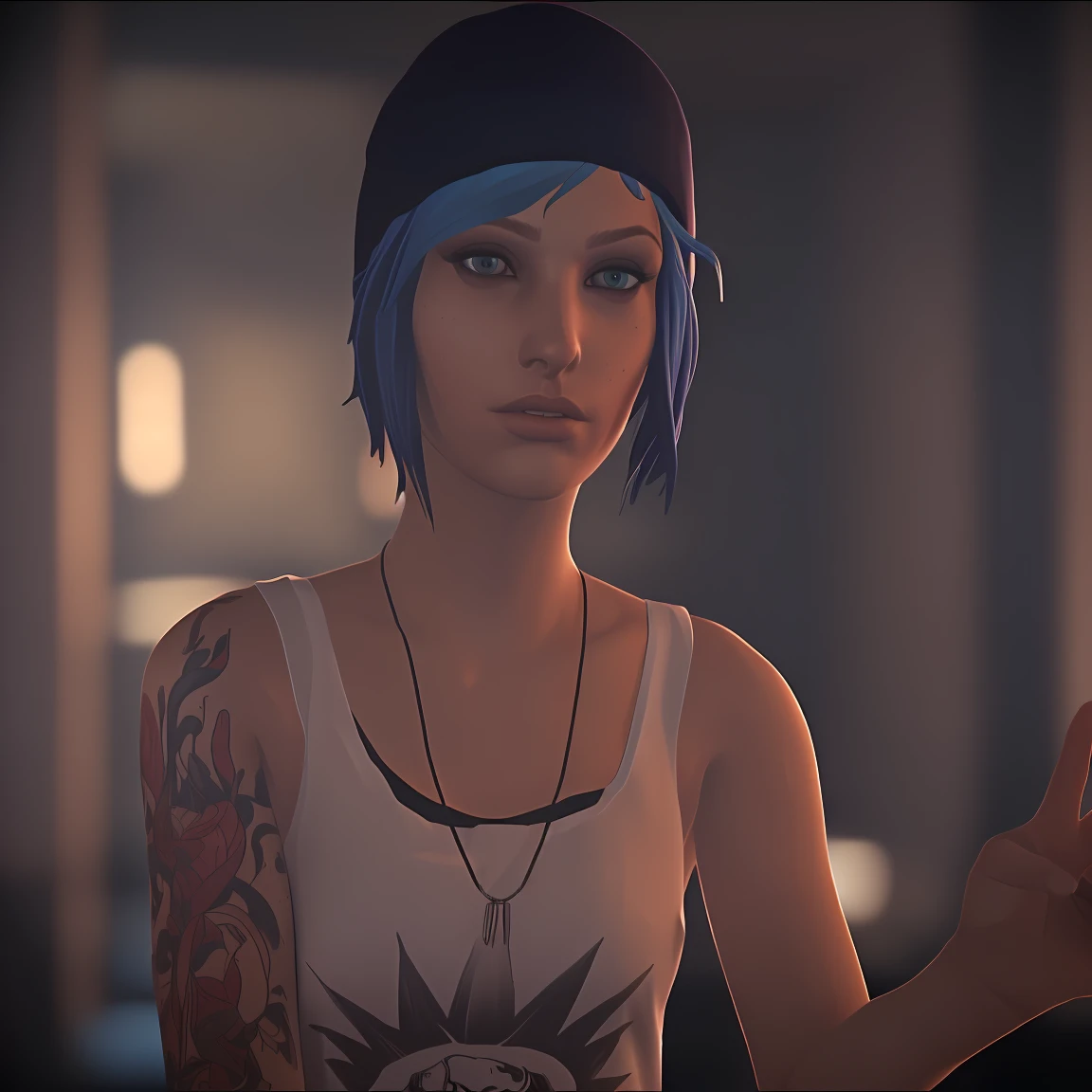 Best_QualityPos, RAW photo, intricate details, best quality, 8k uhd, soft lighting, 1girl, solo, chloe price, blue hair, blue eyes, arm tattoo, short hair, hat, white tank top 