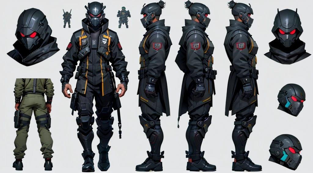 Character design sheet、male、Black combat uniform、Body Armor、Powered Suit、Full Face Mask、cyber punk