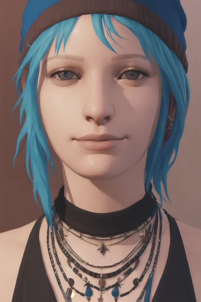 masterpiece, best quality, high quality, extremely detailed CG unity 8k wallpaper,A portrait of chloeprice, blue hair, brown eyes, looking at viewer, hyperrealistic, ultra detailed, beanie, choker, tattos