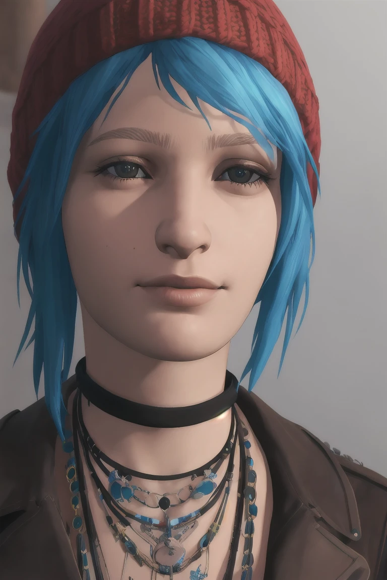 masterpiece, best quality, high quality, extremely detailed CG unity 8k wallpaper,A portrait of chloeprice, blue hair, brown eyes, looking at viewer, hyperrealistic, ultra detailed, beanie, choker, tattos