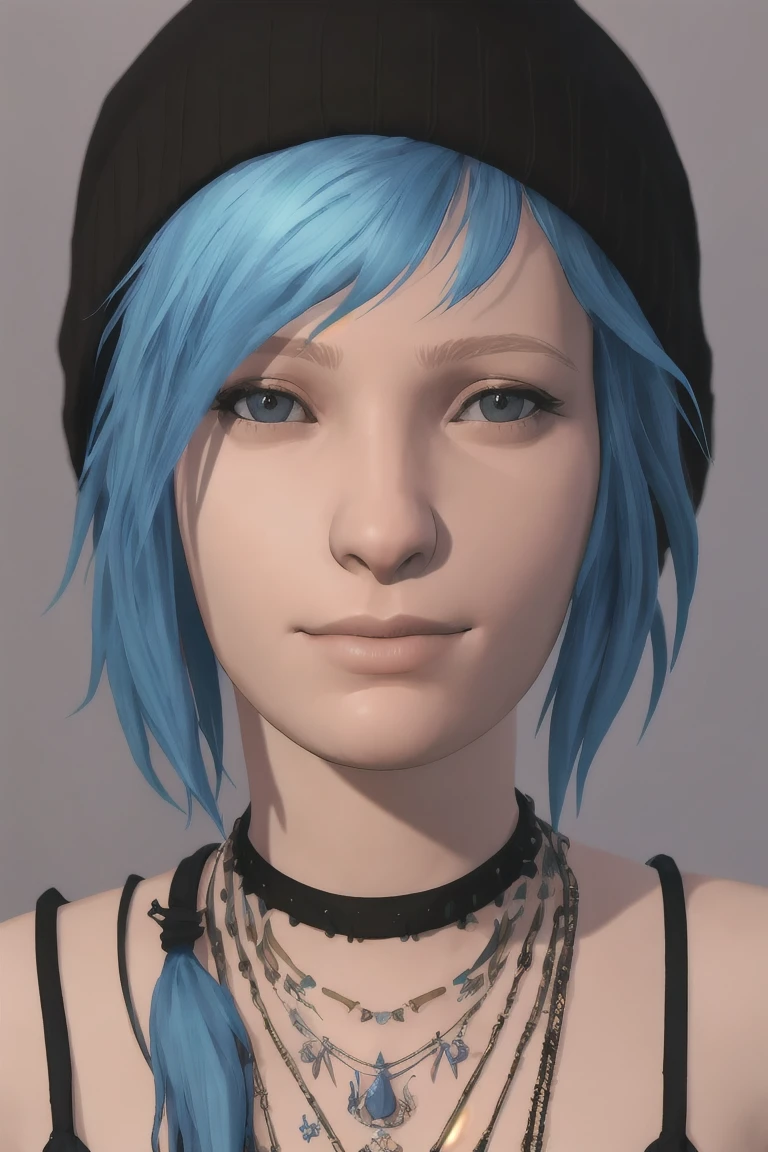 masterpiece, best quality, high quality, extremely detailed CG unity 8k wallpaper,A portrait of chloeprice, blue hair, brown eyes, looking at viewer, hyperrealistic, ultra detailed, beanie, choker, tattos