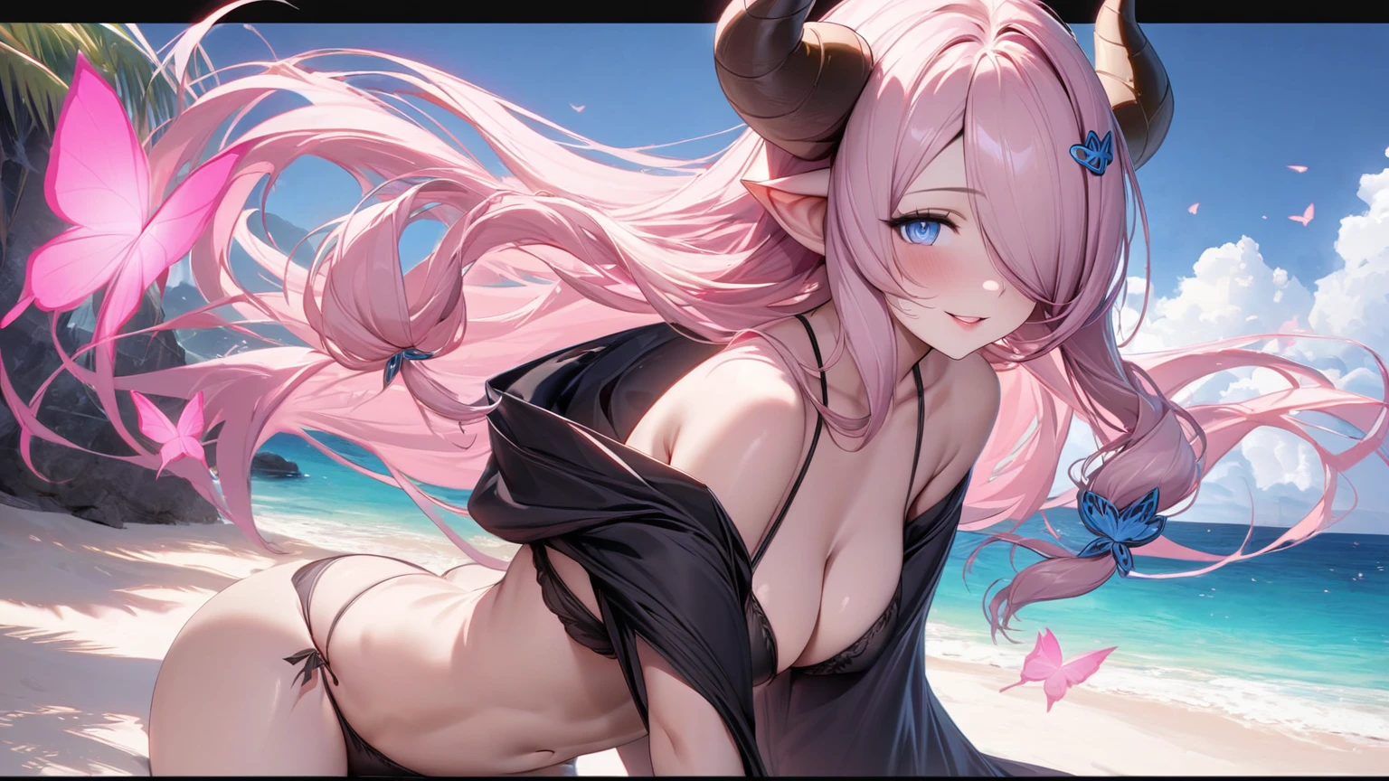 Narmeya stands before you wearing a black bikini and black hooded cloak on the sands of a private beach. She's smiling at you lovingly. Ethereal pink butterflies float in the background. In the background of this gorgeous and soothing image is an unoccupied white sand beach with a tranquil and mesmerizing ocean visible behind Narmaya. The image is extremely detailed with perfected anatomy. The lighting highlights her body in ways that arouses the viewer. Her expression is extremely seductive and confident. The image is life-like and semi-realistic. Extreme detail has been put into the shading.
(masterpiece), best quality, expressive eyes, perfect face, ocean background, white sand beach, private beach, ethereal pink butterflies, seductive, erotic, 8k, absurdres, narmaya, pink hair, blue eye with pink pupil, hair over eye, draph, horns, butterfly hair clip,