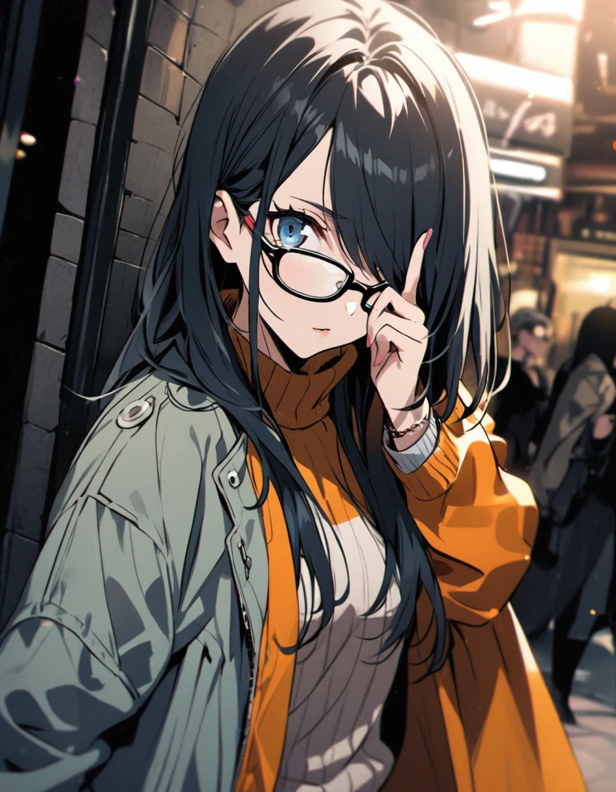 diagonal, bright、Glasses、woman、Jacket、Hiding one eye、stylish