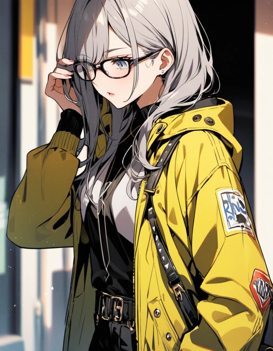 diagonal, bright、Glasses、woman、Jacket、Hiding one eye、stylish