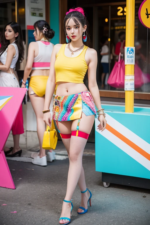 Overweight, best quality, masterpiece, sleeveless tee, Tight, belly button exposed, H-shaped skirt that reveals more than 10cm above the knees, High heels that are very flashy and have a heel of more than 7 cm., large, colorful necklace, large and colorful earrings, large and colorful bracelets, Stockings with colorful and unconventional colors and patterns, Underwear with flashy and unconventional colors, patterns and shapes