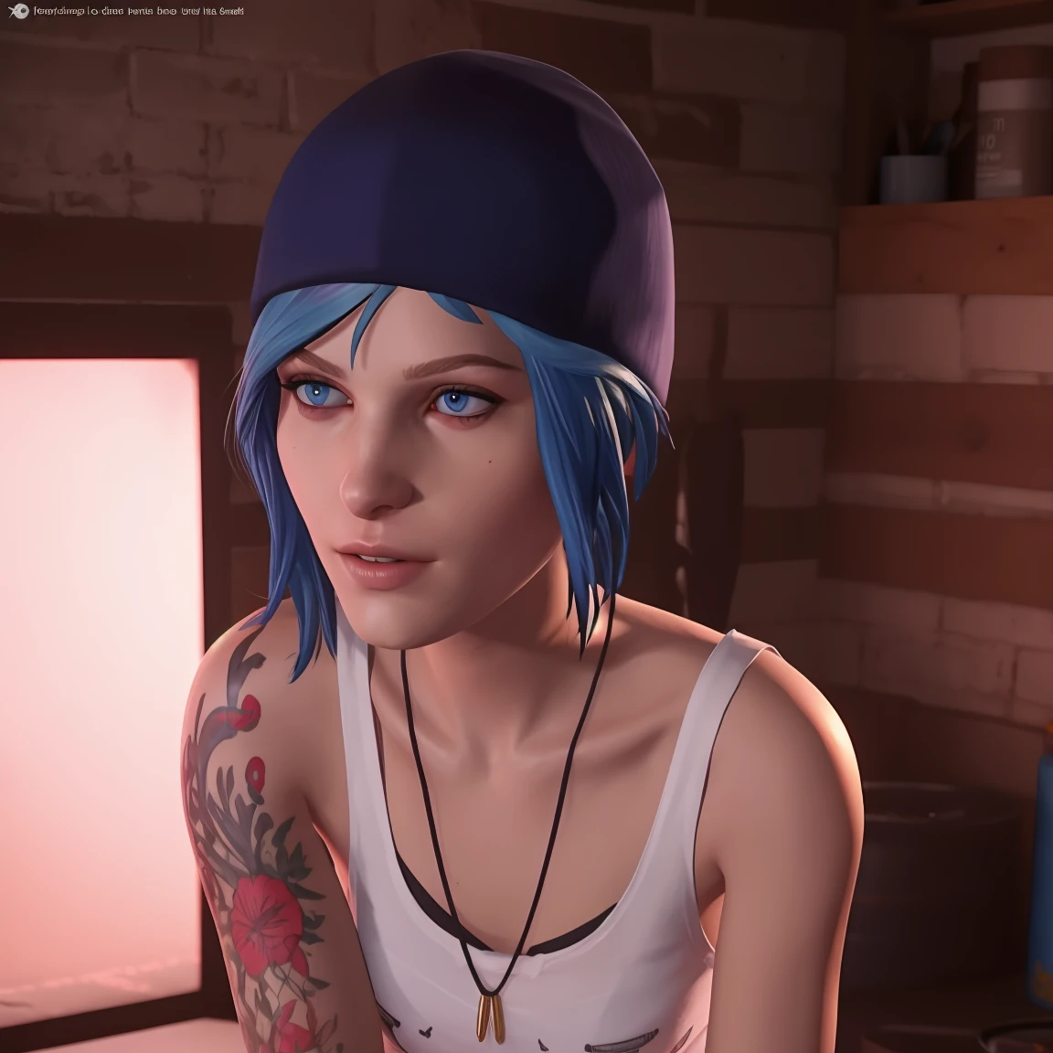 Best_QualityPos, RAW photo, intricate details, best quality, 8k uhd, soft lighting, 1girl, solo, chloe price, blue hair, blue eyes, arm tattoo, short hair, hat, white tank top 