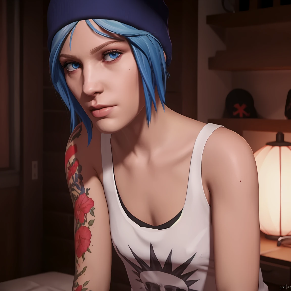 Best_QualityPos, RAW photo, intricate details, best quality, 8k uhd, soft lighting, 1girl, solo, chloe price, blue hair, blue eyes, arm tattoo, short hair, hat, white tank top 