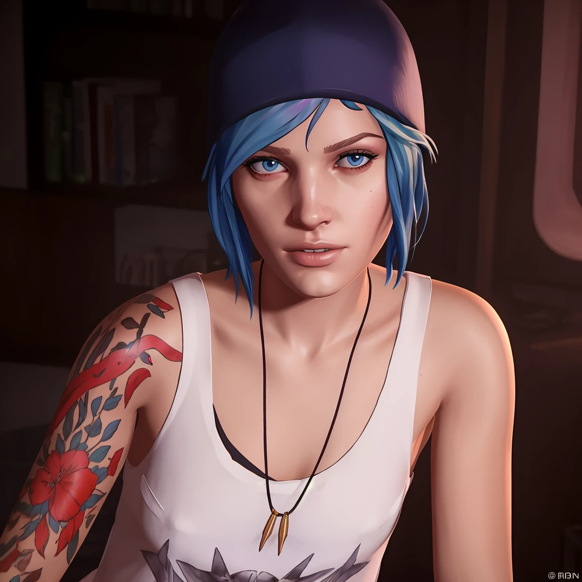 Best_QualityPos, RAW photo, intricate details, best quality, 8k uhd, soft lighting, 1girl, solo, chloe price, blue hair, blue eyes, arm tattoo, short hair, hat, white tank top 